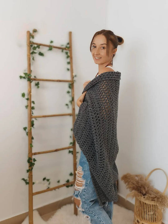 Damen Oversized gehäkelter Poncho Schal aus grobem Strick Drune