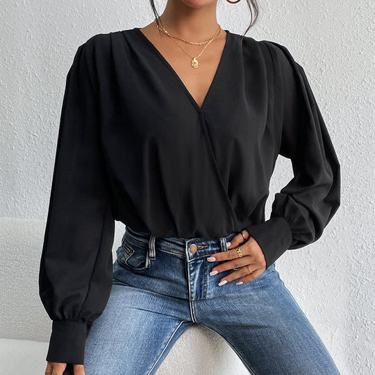 Damen Leichte Wickelbluse mit V-Ausschnitt, gerafften Schultern & Ballonärmeln Nord Taschen