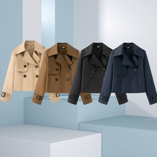 Damen Cropped-Doppeltreiher Trenchcoat mit breitem Revers und verstellbaren Manschetten Nord Taschen