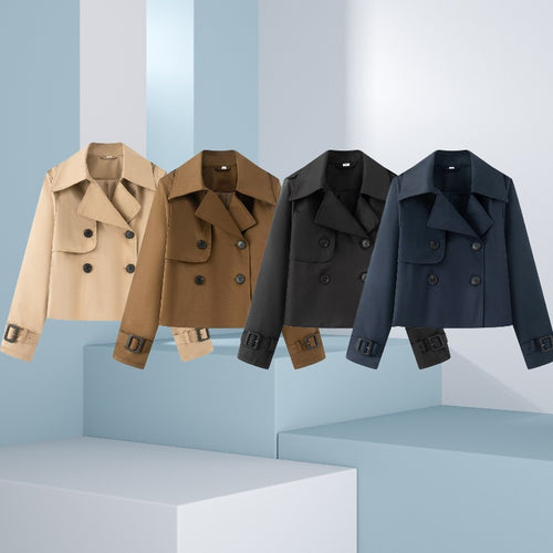 Damen Cropped-Doppeltreiher Trenchcoat mit breitem Revers und verstellbaren Manschetten Nord Taschen