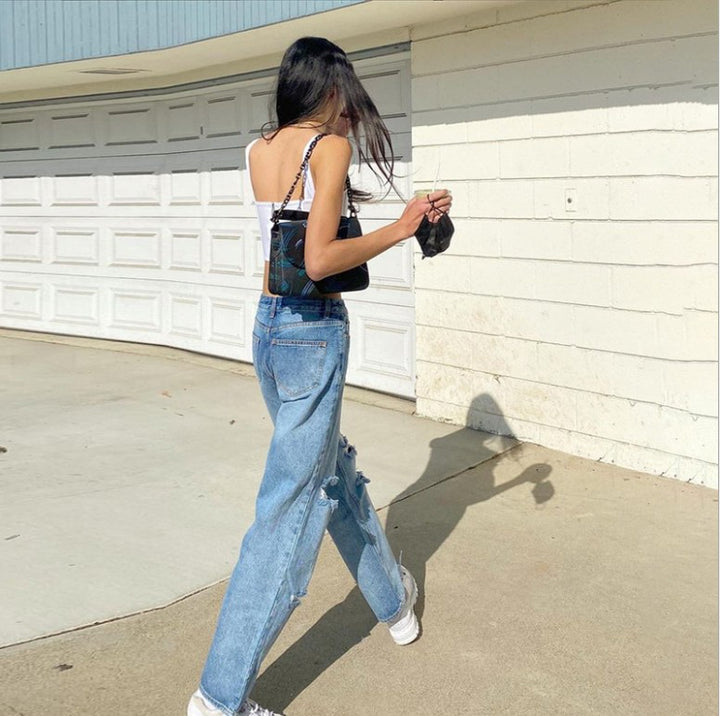 Damen hochgeschnittene weite Jeanshose im Baggy-Stil mit Knieausfransungen und elastischem Saum Nord Taschen