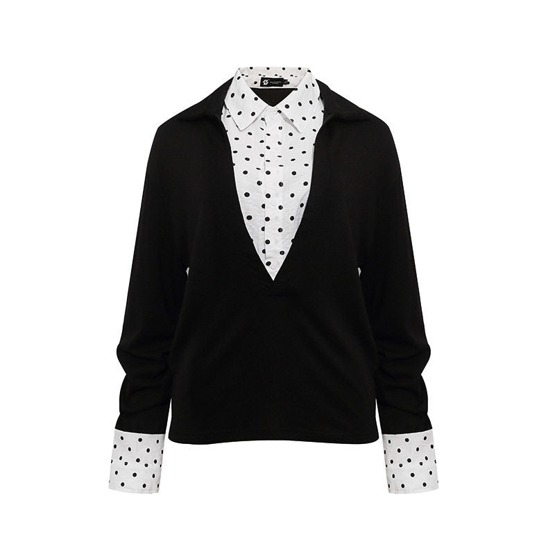 Damen Lagen-Langarmshirt mit tiefem V-Ausschnitt, angenähter Hemdblende und Polka-Dot-Details Nord Taschen