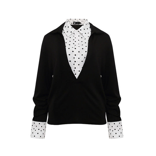 Damen Lagen-Langarmshirt mit tiefem V-Ausschnitt, angenähter Hemdblende und Polka-Dot-Details Nord Taschen