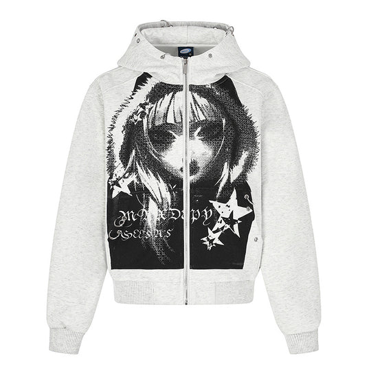 Damen Kapuzen‑Sweatjacke mit fotorealistischem Manga‑Frontprint, Fleece‑Futter und durchgehendem Reißverschluss Nord Taschen