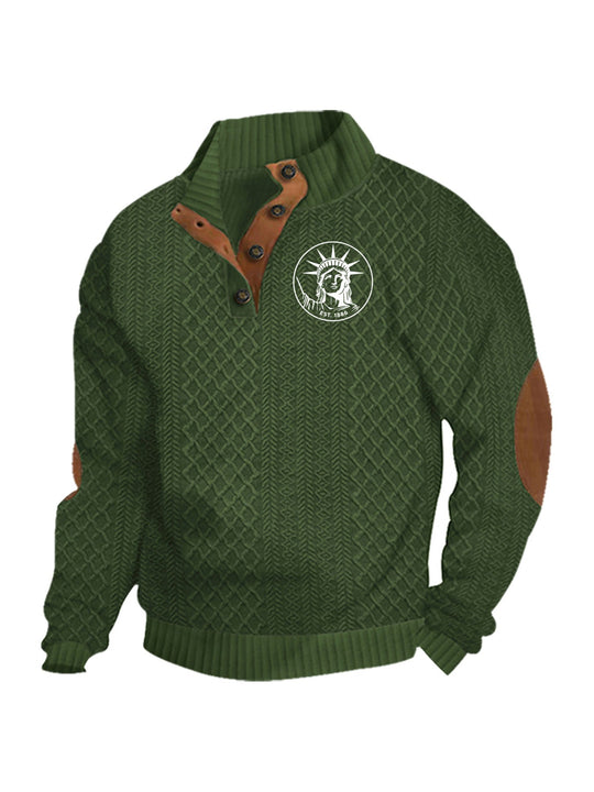 Herren nan Heritage-Strukturpullover mit Stehkragen Lederimitat-Besatz Ellenbogen-Patches und Halbknopfleiste