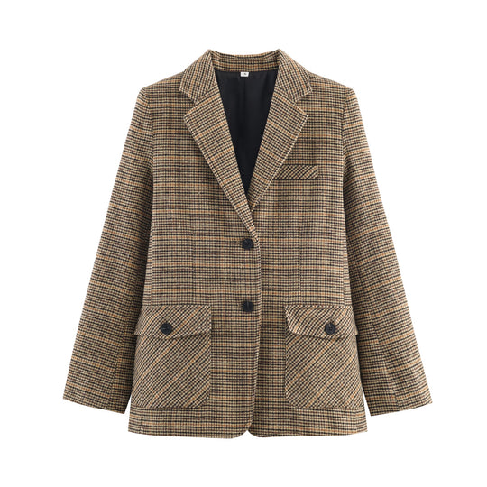 Damen Glencheck-Blazer mit Reverskragen, Pattentaschen und taillierter Silhouette Nord Taschen