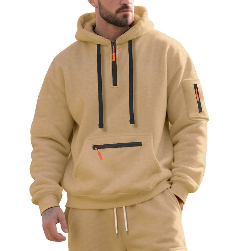 Herren Oversize-Kapuzenpullover mit halbem Reißverschluss, Kängurutasche mit Reißverschluss und Ärmel-Pocket Nord Taschen