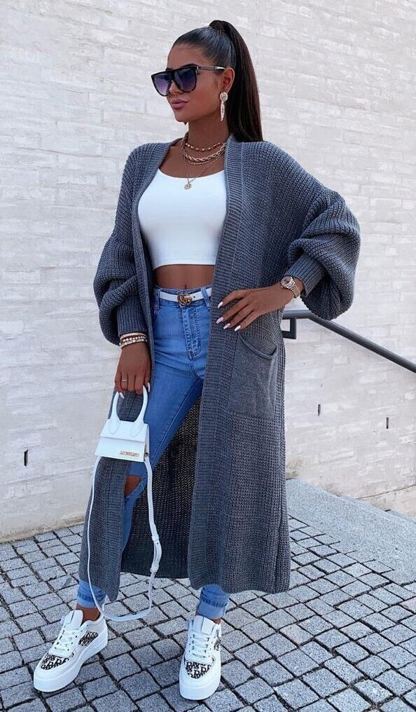 Damen Langer Strickmantel mit großzügigen Taschen