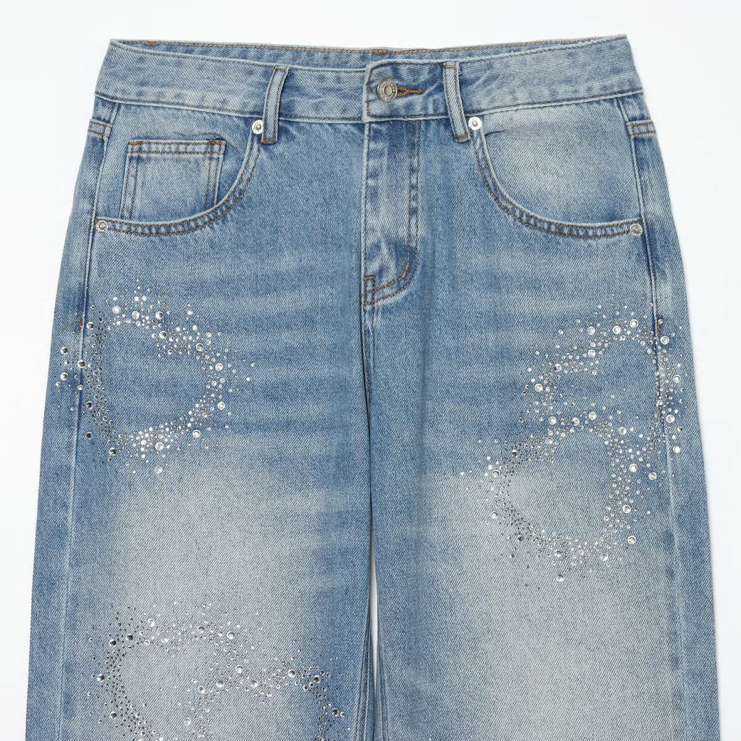 Damen Weite Highwaist-Jeans mit geradem Bein und Herz-Strassbesatz Nord Taschen