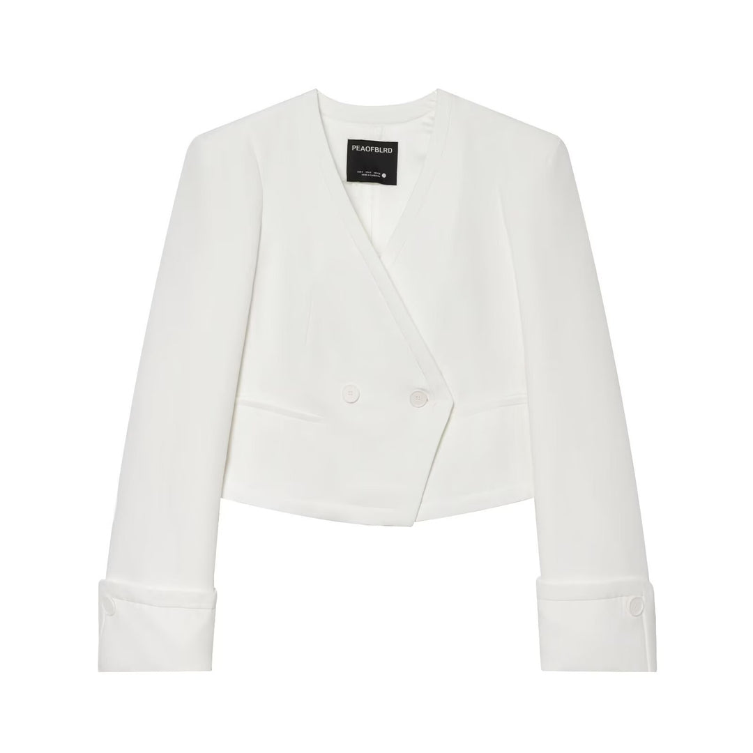Damen Cropped Zweireihiger Blazer mit tiefem V-Ausschnitt und Manschetten Nord Taschen