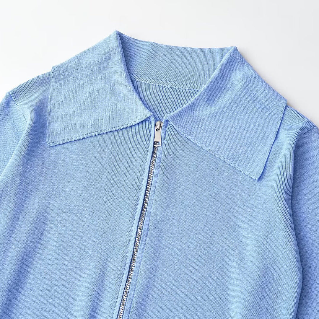 Damen Kurzgeschnittene Strickjacke mit breitem Reverskragen und Reißverschluss Nord Taschen