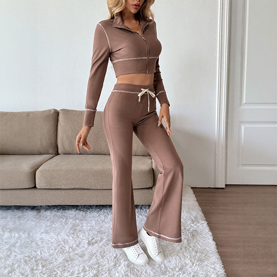 Damen Elegantes Sportliches Set mit hohem Kragen und elastischem Bund Nord Taschen