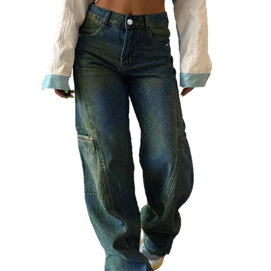Damen High-Waist weite Cargo-Denimhose mit Nahtpaneelen und Baggy-Silhouette Nord Taschen