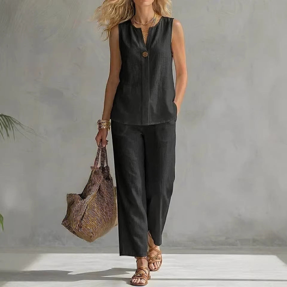 Damen Lässiges zweiteiliges Set mit ärmelloser Bluse und modischen Hosen Nord Taschen