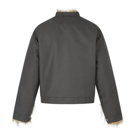 Damen Kurzjacke mit Kunstfellfutter, Stehkragen und verdeckter Knopfleiste Nord Taschen