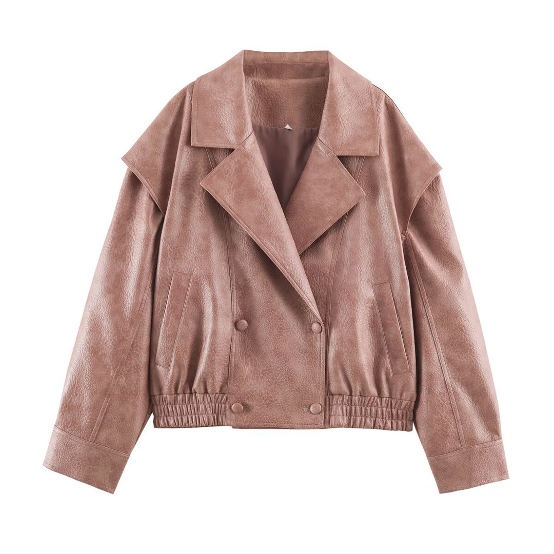 Damen Oversize Kunstlederjacke mit Doppelreihe, weitem Revers und elastischem Saum Nord Taschen