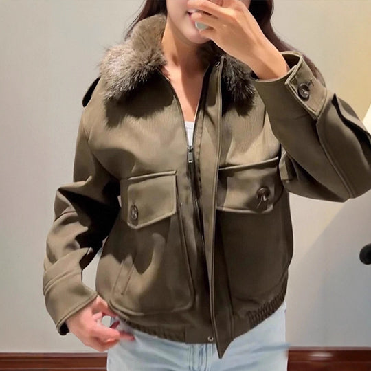Damen Pilotjacke aus Veloursimitat mit abnehmbarem Webpelzkragen und aufgesetzten Pattentaschen Nord Taschen