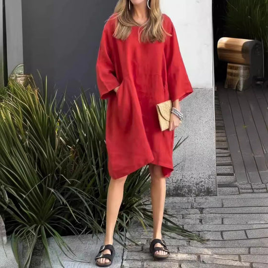 Damen lässiges Leinenkleid mit praktischen Taschen und asymmetrischem Saum