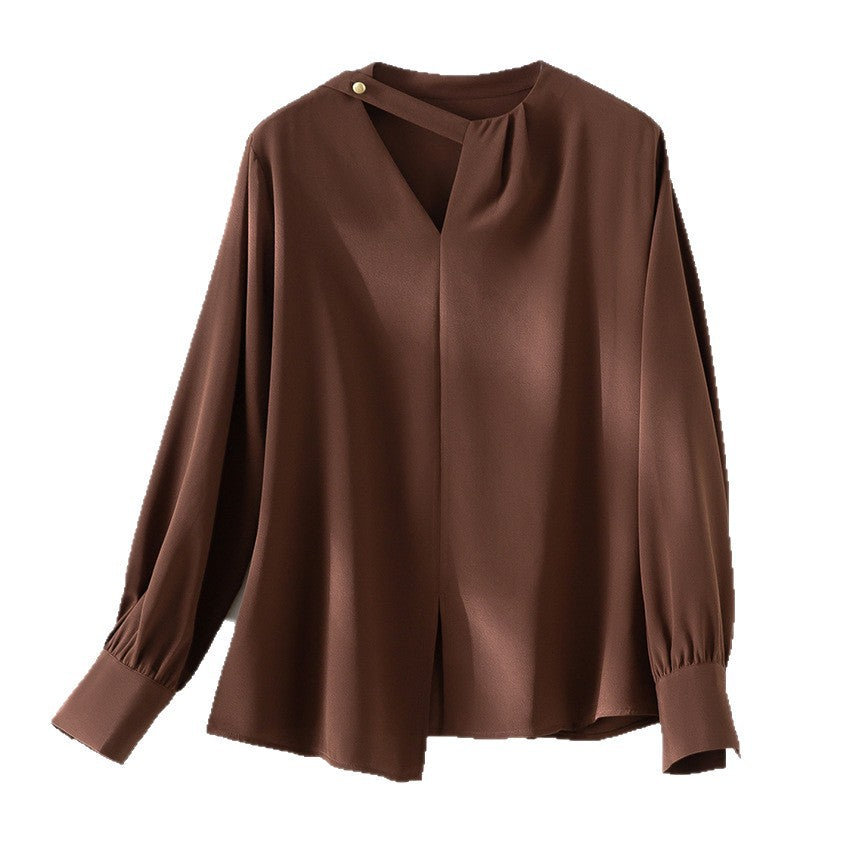 Damen elegante oversized Bluse mit asymmetrischem V-Ausschnitt und Manschetten Nord Taschen