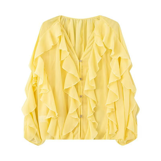 Damen Volant-Chiffonbluse mit Knopfleiste, gerafftem Ausschnitt und Ballonärmeln Nord Taschen