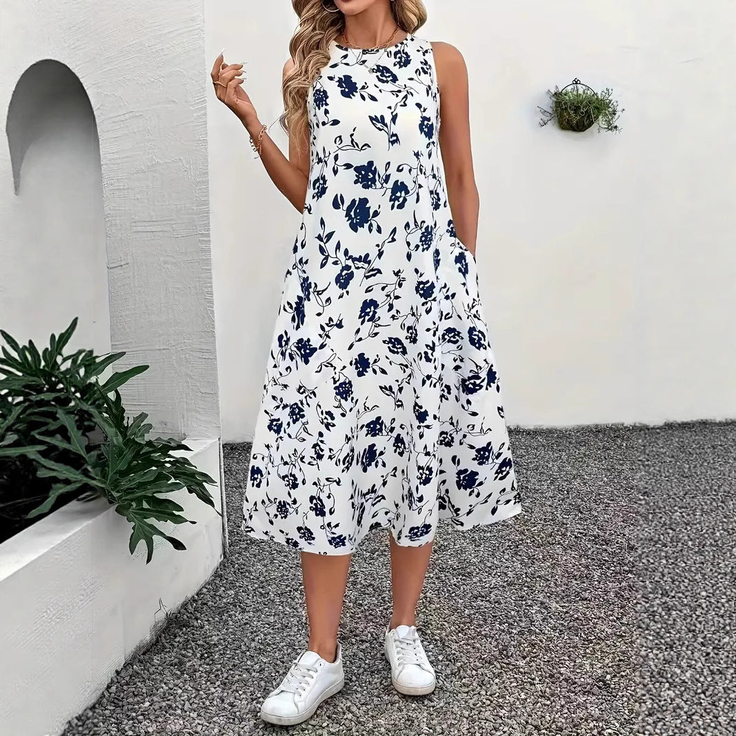 Damen Ärmelloses Maxikleid mit floralem Muster und praktischen Taschen