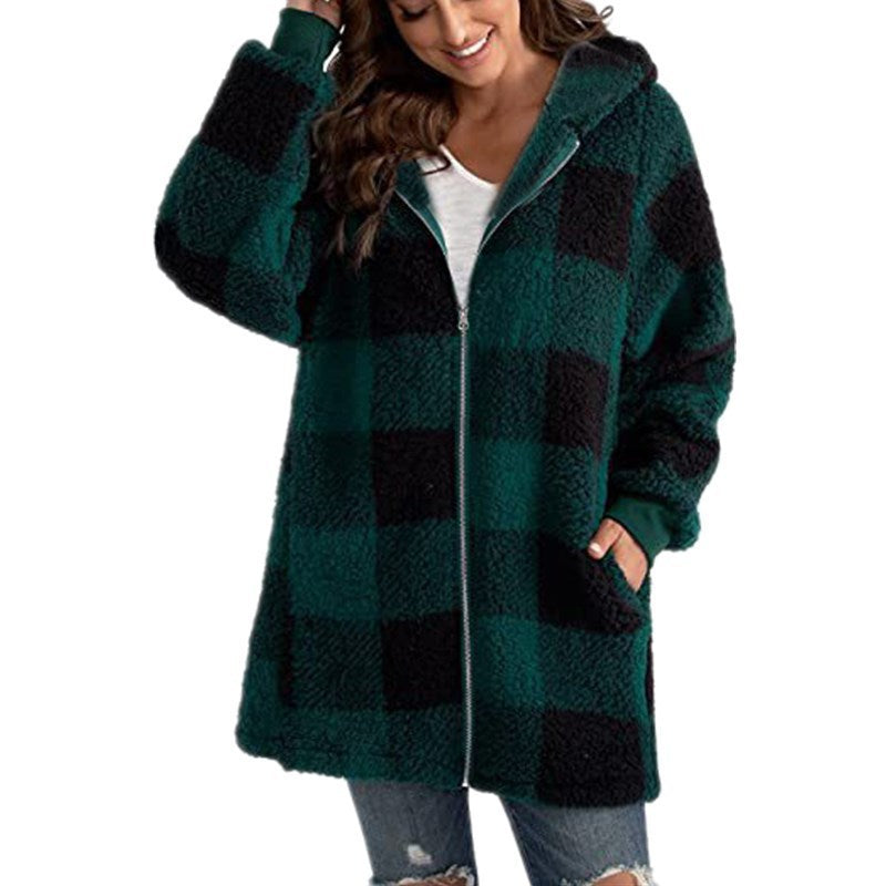 Damen Kariertes Teddy-Fleece-Mantel mit Kapuze und Reißverschluss Nord Taschen