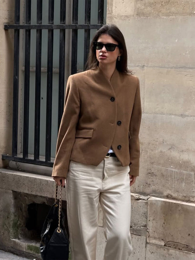 Damen Kurzblazer aus Wollmix mit Stehkragen, kastiger Silhouette & drei Knöpfen Nord Taschen