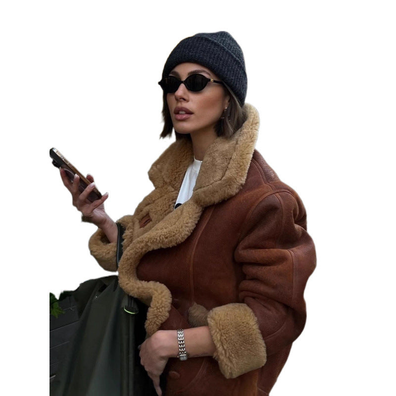 Damen Oversize Lammfell‑Optik Fliegerjacke mit voluminösem Schalkragen Nord Taschen