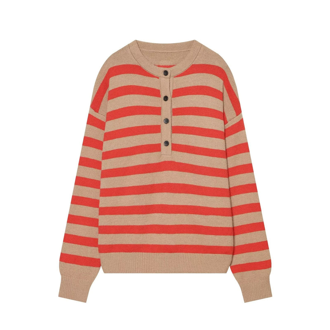 Damen Gestreifter Strickpullover mit Henley-Knopfleiste Nord Taschen