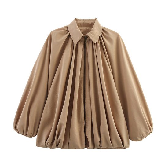 Damen Weite plissierte Cape-Übergangsjacke mit Reißverschluss und ballonförmigem Saum Nord Taschen