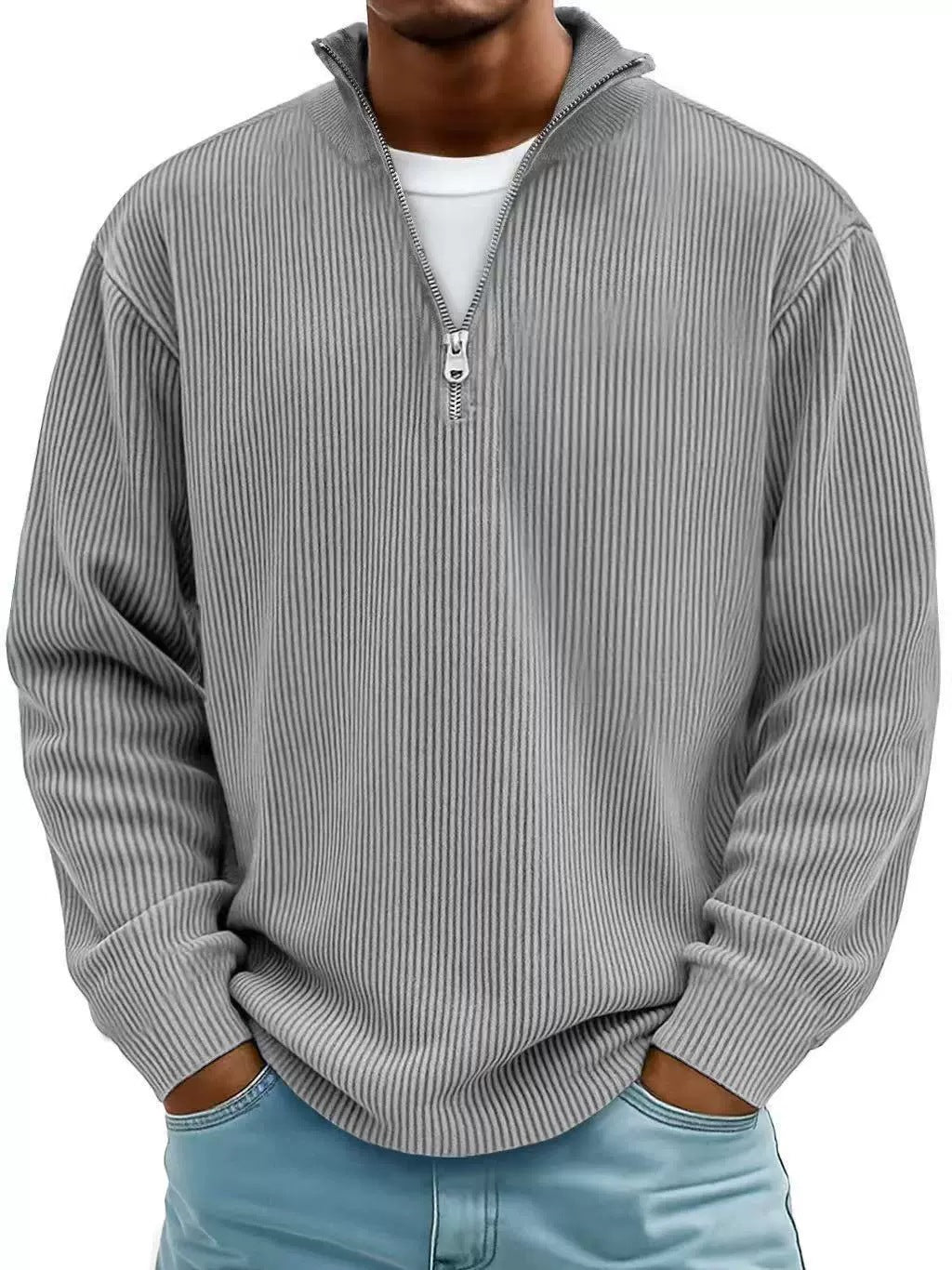 Herren gerippter Strickpullover mit Halbreißverschluss und Stehkragen Nord Taschen