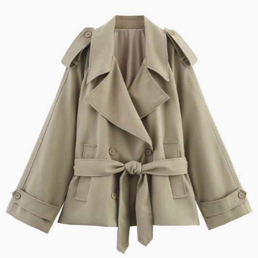 Damen 20+ kurzer doppeltreihiger Trenchblouson mit Taillengürtel und Epauletten Nord Taschen