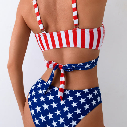 Damen Triangel-Bikini-Set mit asymmetrischem Schnitt und buntem Sternen-Design