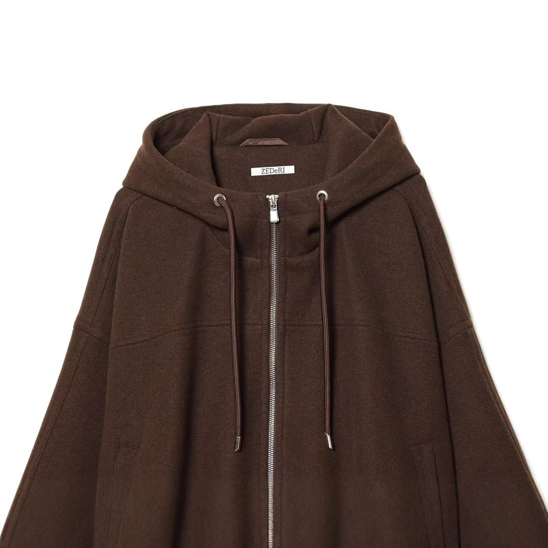 Damen Oversize-Wollmix-Kapuzenjacke mit Reißverschluss und Tunnelzug Nord Taschen