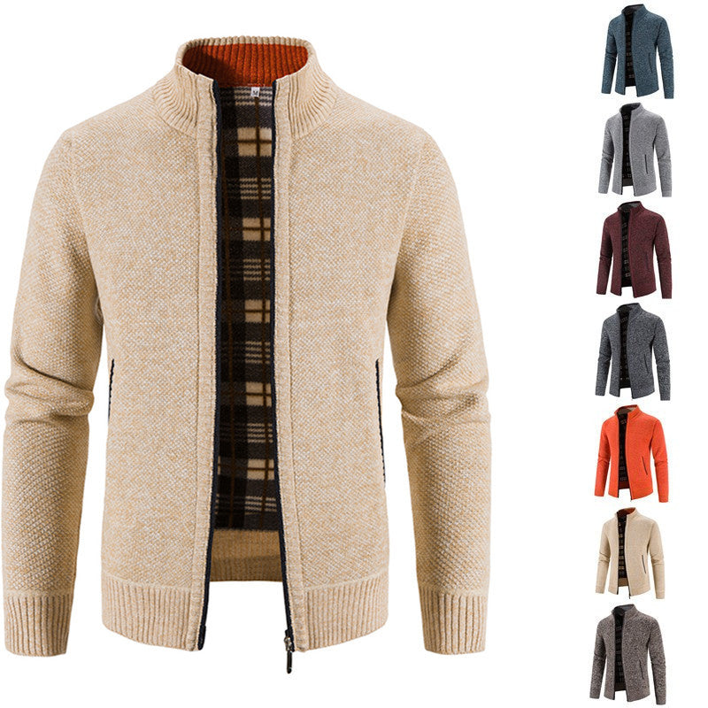 Herren Strickjacke mit durchgehendem Reißverschluss, Stehkragen und kariertem Futter Nord Taschen