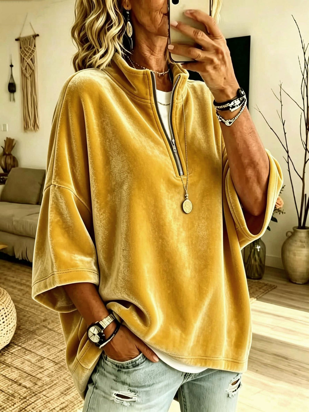Damen Oversize Samt-Pullover mit kurzem Reißverschluss und Stehkragen Nord Taschen