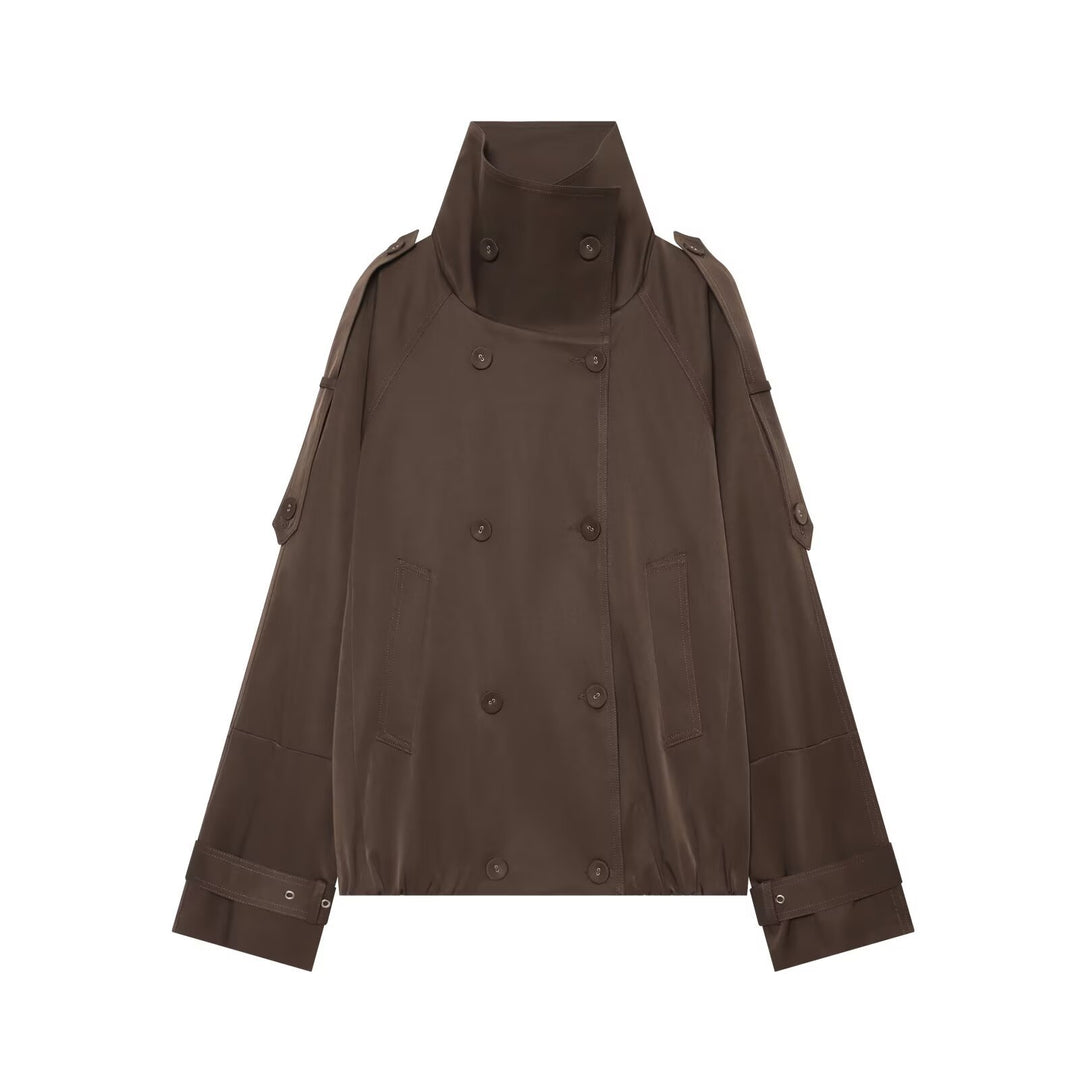 Damen Kurzgeschnittener Doppelreihiger Trenchcoat mit hohem Stehkragen und Cape-Ärmeln Nord Taschen