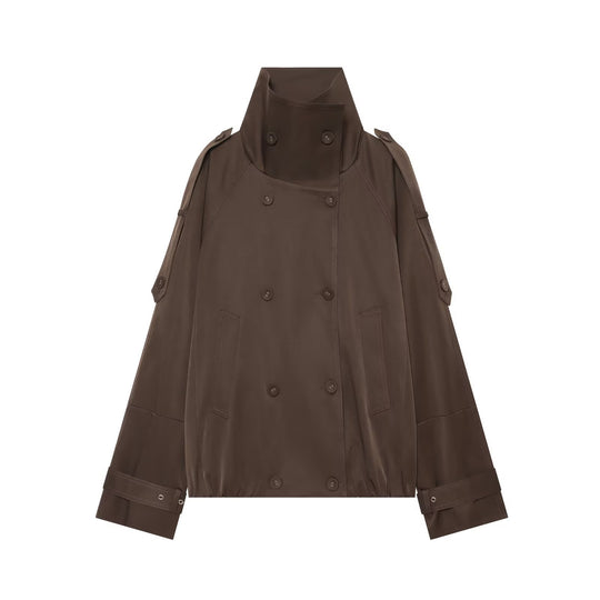 Damen Kurzgeschnittener Doppelreihiger Trenchcoat mit hohem Stehkragen und Cape-Ärmeln Nord Taschen