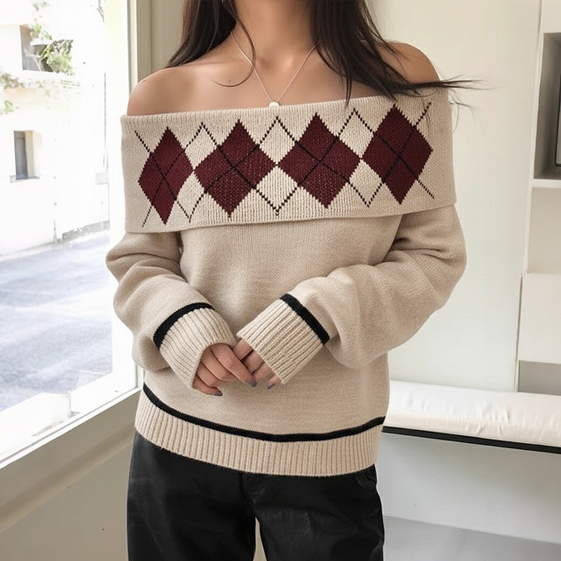 Damen Lässiger Strickpullover mit Off-Shoulder Design Nord Taschen