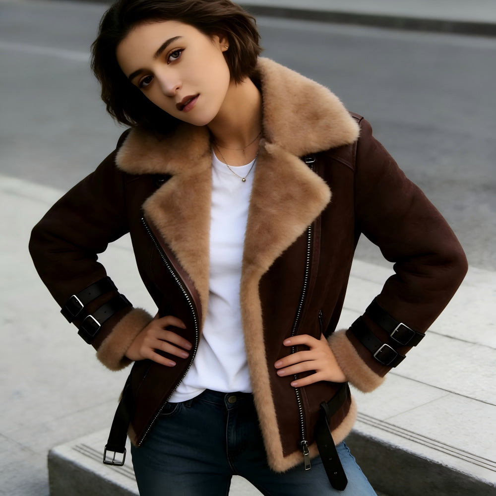 Damen Kurzjacke im Fliegerstil mit abgesetztem Fellkragen und verstellbaren Schnallen Nord Taschen