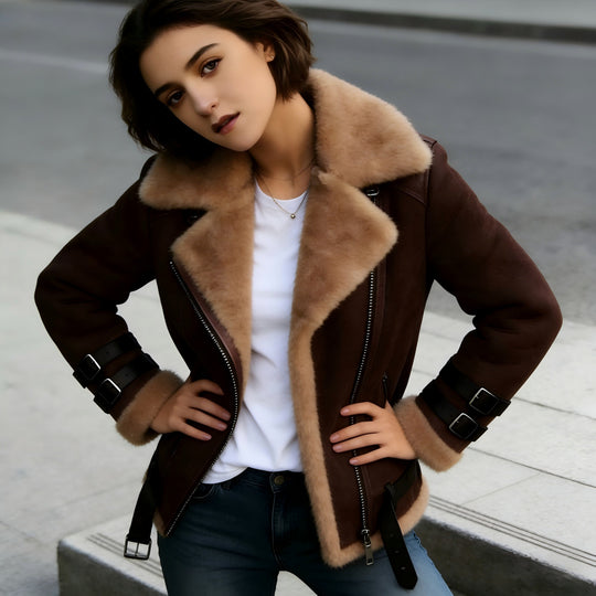 Damen Kurzjacke im Fliegerstil mit abgesetztem Fellkragen und verstellbaren Schnallen Nord Taschen