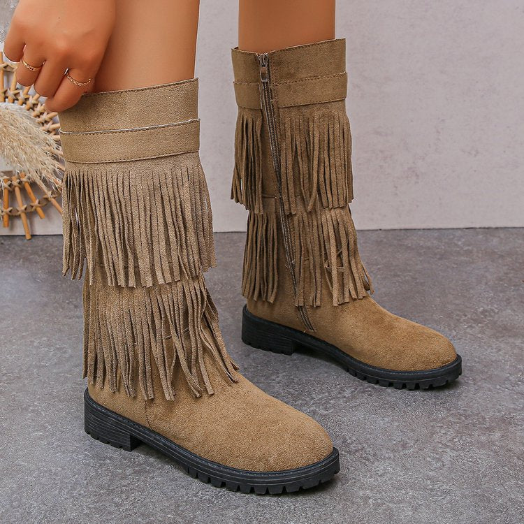 Damen Mid‑Calf Fransenstiefel aus Veloursimitat mit mehrlagigen Fransen und profilierter Gummisohle Nord Taschen