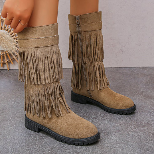 Damen Mid‑Calf Fransenstiefel aus Veloursimitat mit mehrlagigen Fransen und profilierter Gummisohle Nord Taschen