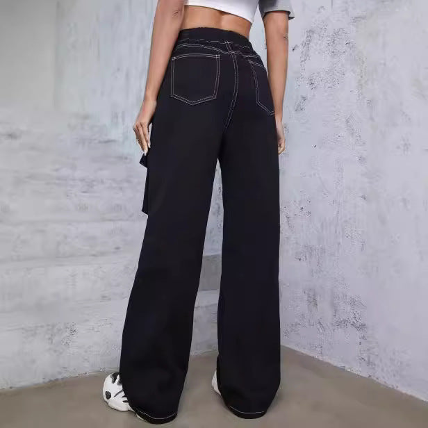 Damen utilitaristische Cargo-Hose aus Denim mit Kontrastnähten und Kordelzug Nord Taschen