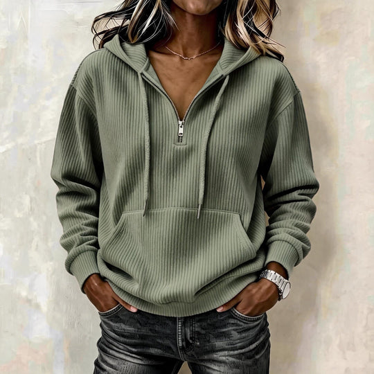 Damen Gestrickter Ripp-Hoodie mit halbem Reißverschluss, Kängurutasche und Oversize-Schnitt Nord Taschen