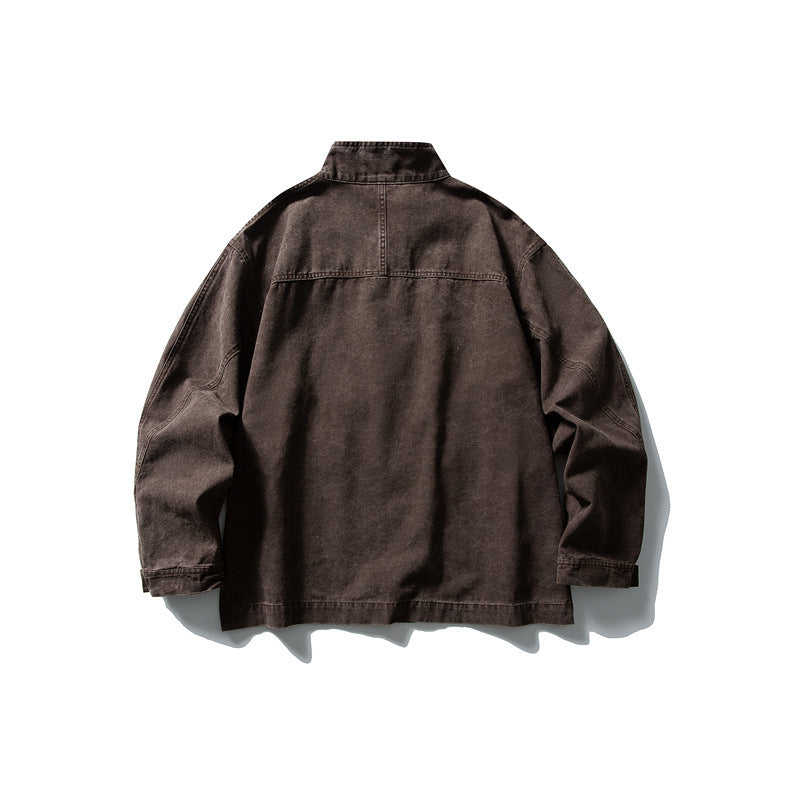 Unisex kastig geschnittene Canvas-Worker‑Blousonjacke mit Stehkragen und Druckknopf‑Front Nord Taschen