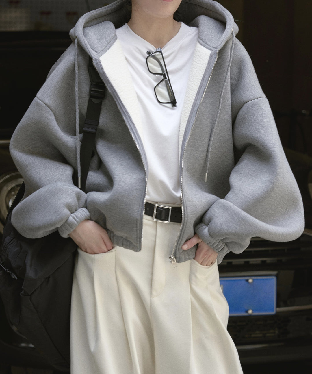Damen Oversized Kapuzen-Zipjacke mit Teddyfutter und elastischem Saum Nord Taschen