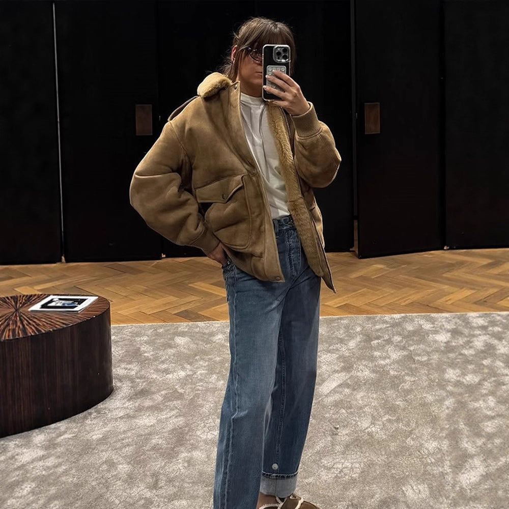 Damen Pilotjacke aus Veloursimitat mit abnehmbarem Webpelzkragen und aufgesetzten Pattentaschen Nord Taschen