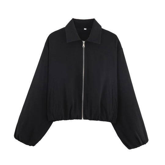 Damen Kurzjacke im Harrington‑Stil mit Polka‑Dot‑Muster, Ballonärmeln und elastischem Saum Nord Taschen