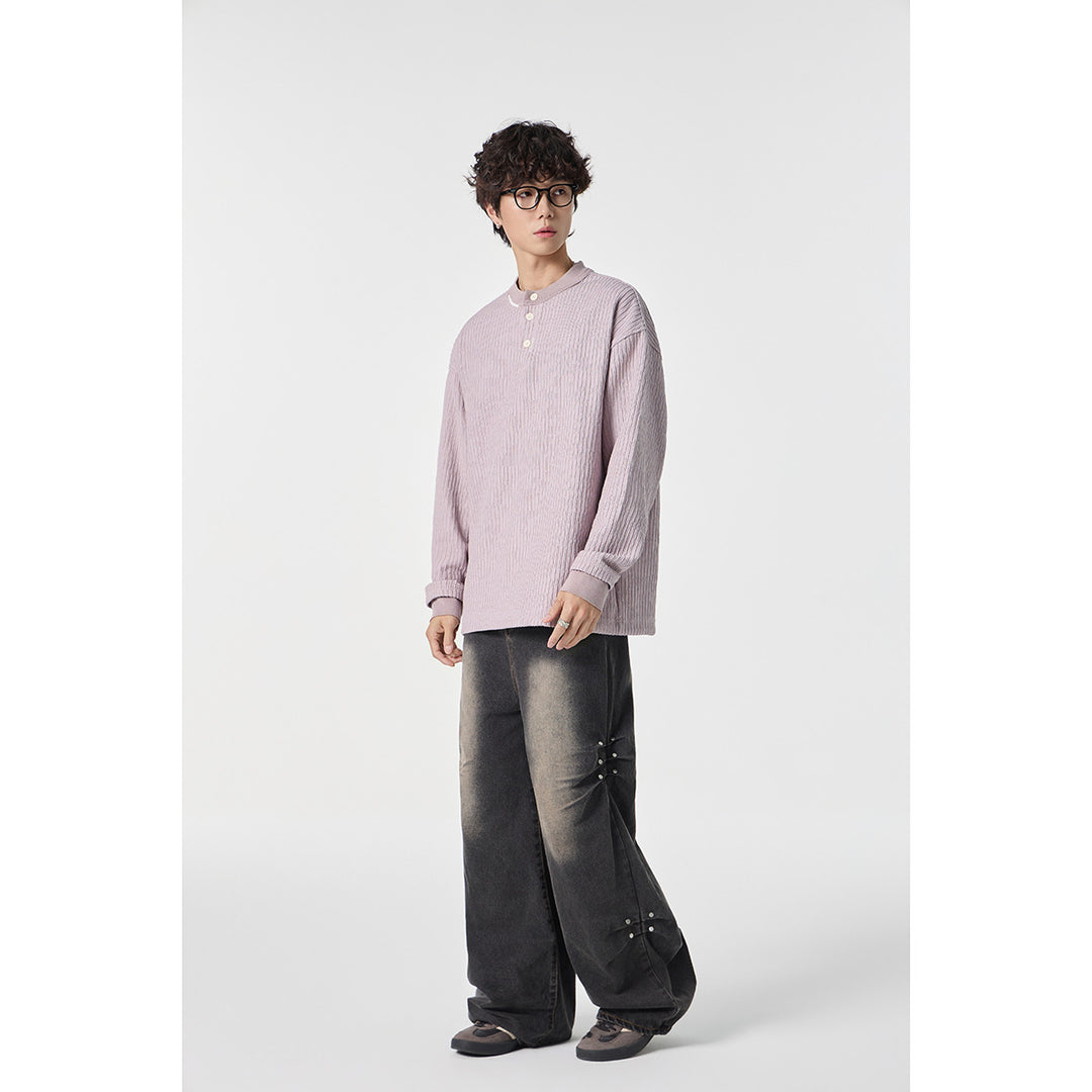 Unisex Gerippter Oversize-Henley-Pullover mit Knopfleiste Nord Taschen